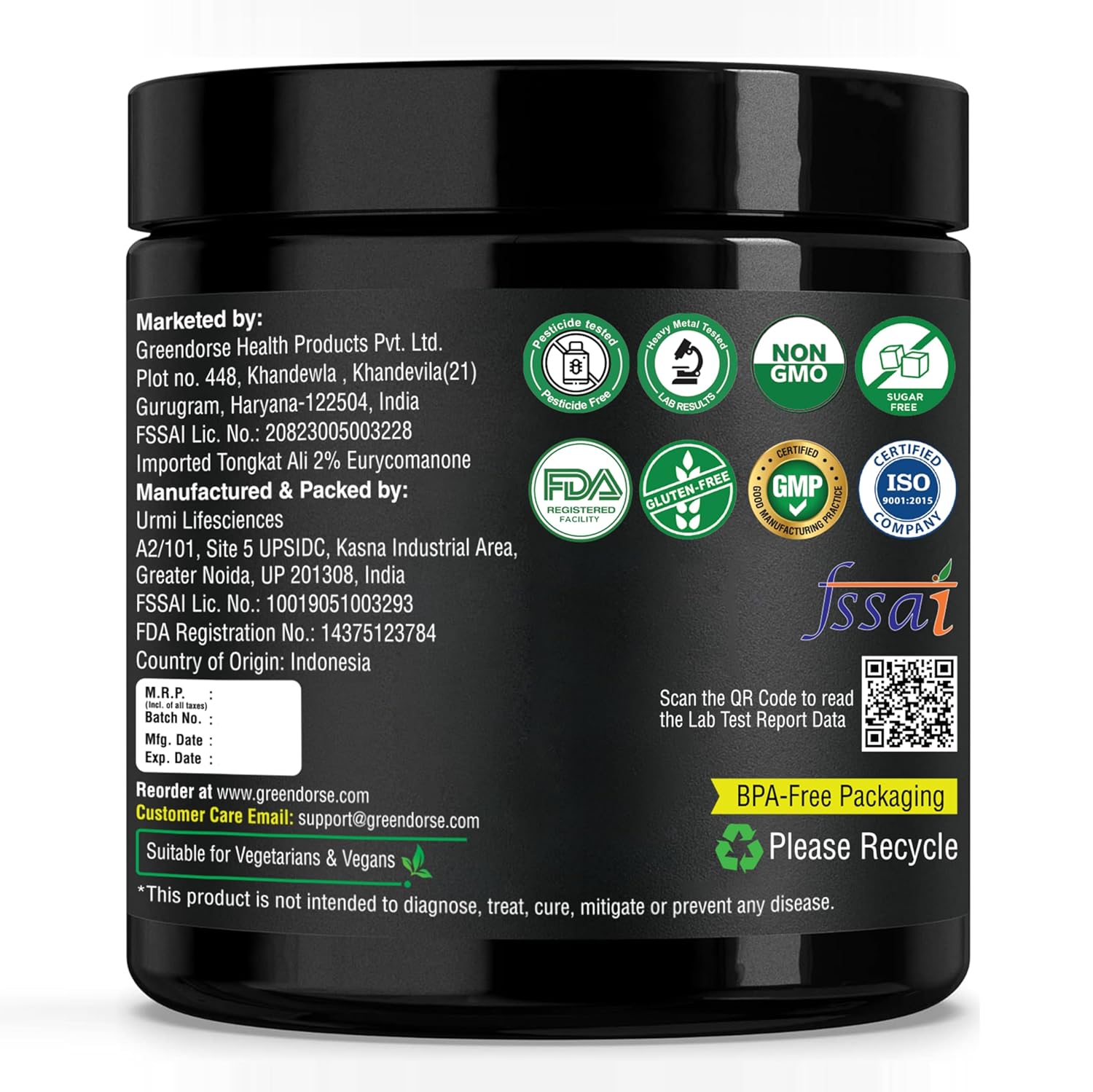 GREENDORSE Organic Tongkat Ali Longjack Root Extract Powder, 2% Eurycomanone | 3 Months Supply | Enhanced T-Level, Stamina and Stress tolerance, Vegan Friendly, 50g