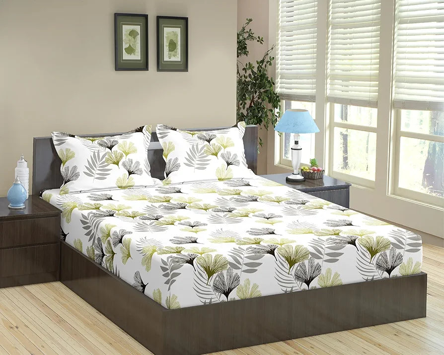 Trance Home Linen 100% Cotton 72"X60" Double Bed Size Elastic Fitted Bedsheet With 2 Pillow Covers 180 tc Colour Paradise Green
