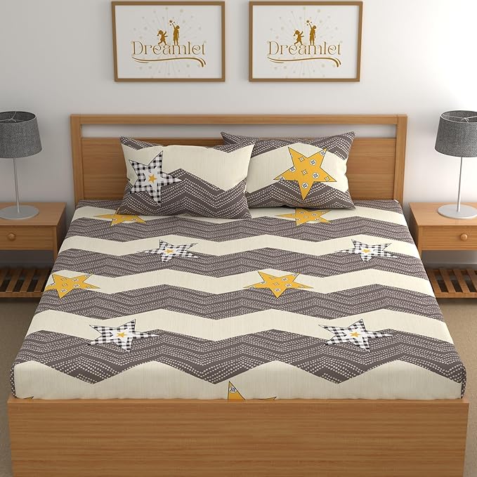 Dreamlet All Around Elastic Supersoft 210tc Premium Cotton Elastic Fitted Bedsheets With 2 King Size Pillow Covers | Grey and Yellow