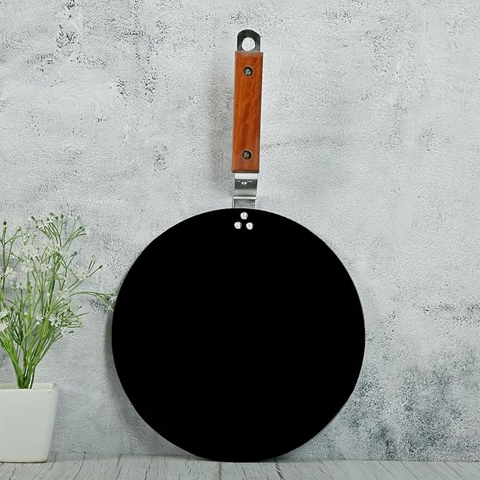 Femora 10 Inchs Iron Concave Tawa With Wooden Handle | Tawa for Roti | Gas Stovetop Compatible