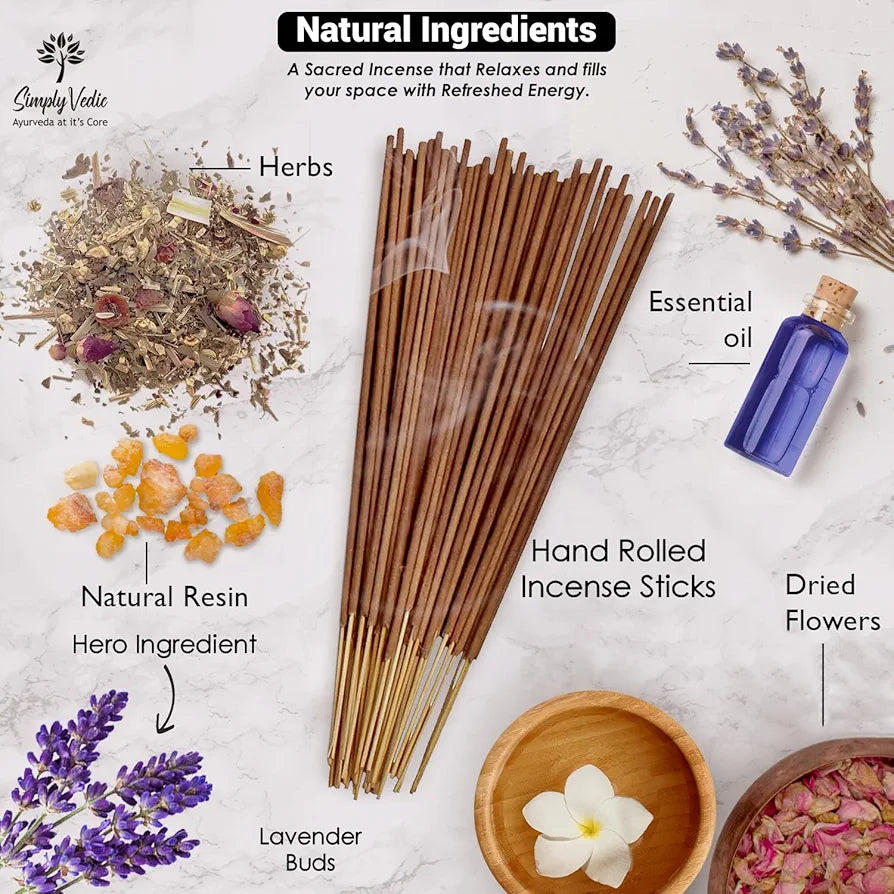 Simply Vedic Lavender Incense Sticks with Holder – 135 Handmade Charcoal-Free Agarbatti