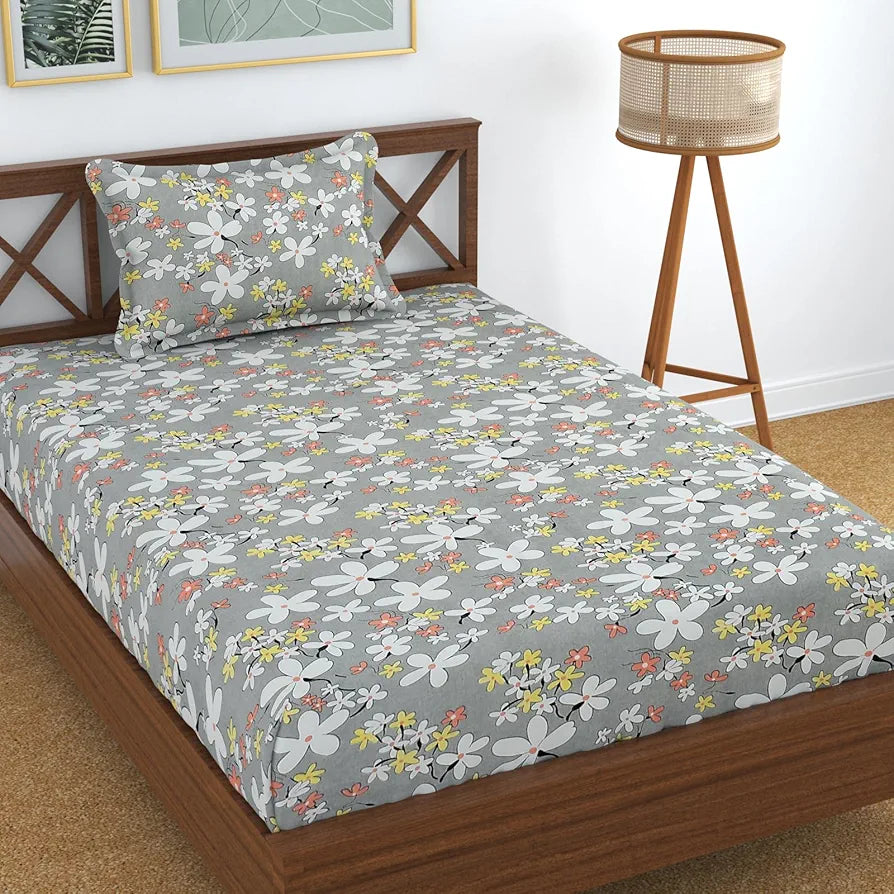Homefab India 180 TC Microfiber Single BedSheet with 1 Pillow Cover Light Grey Floral