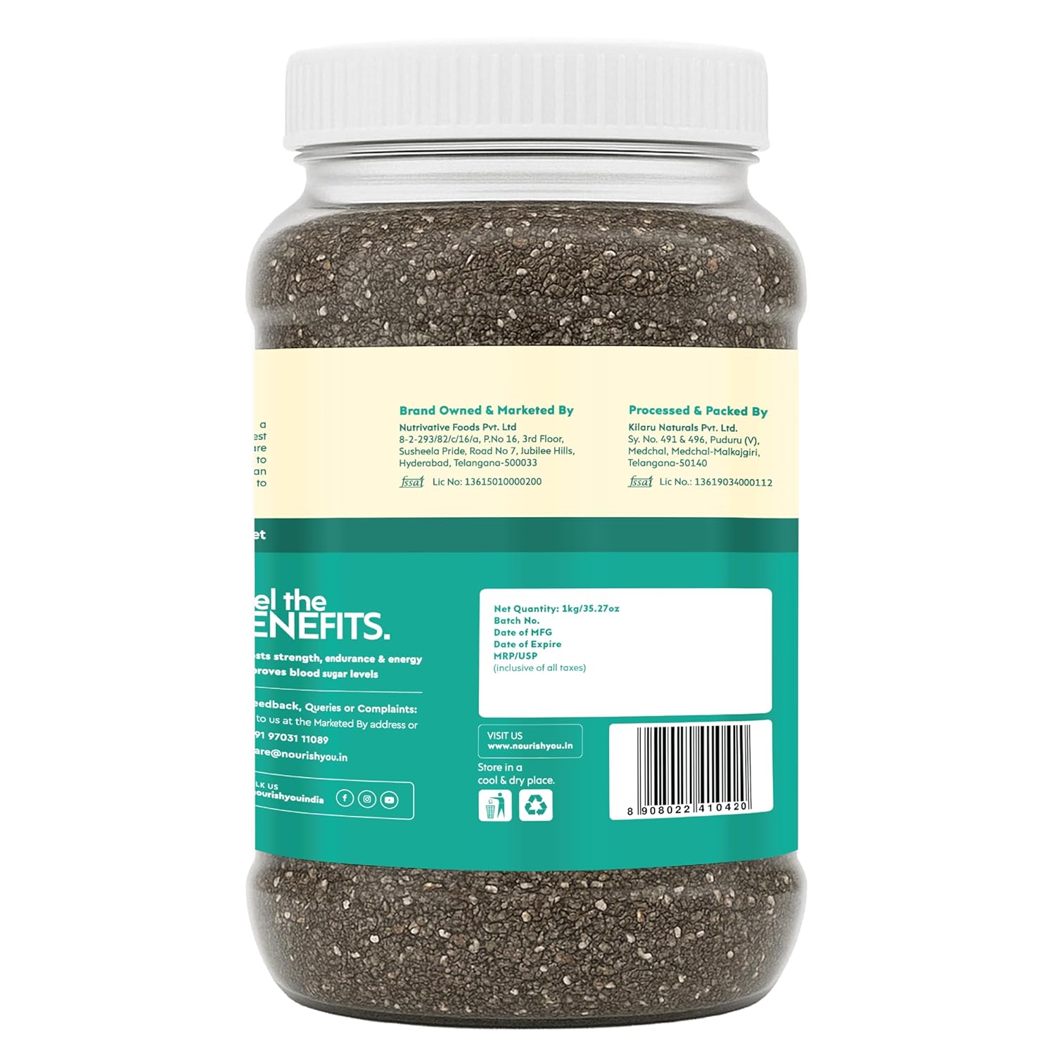Nourish You Raw & Whole Chia Seeds 1kg Jar | Dirt & Stone free | Gluten Free | Source of Calcium, Protein , Dietary Fibre & Antioxidant | Rich with Omega 3 & Zinc | Premium superfoods | Supports Weight Management | Value Pack offer