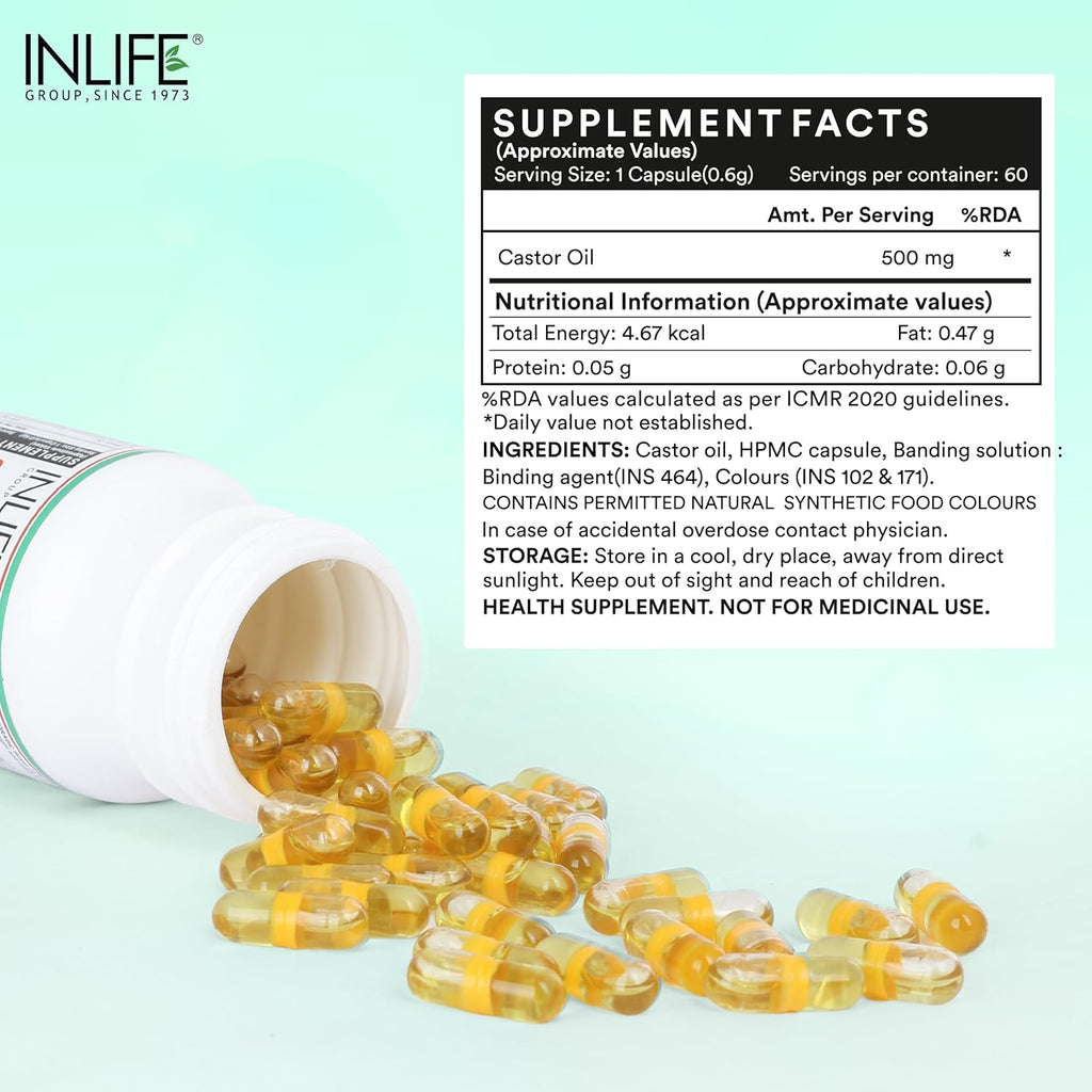 INLIFE Castor Oil Supplement for Hair and Skin, Natural Laxative, Quick Release, 500mg â€“ 60 Liquid Filled Vegetarian Capsules (Pack of 1, 60)