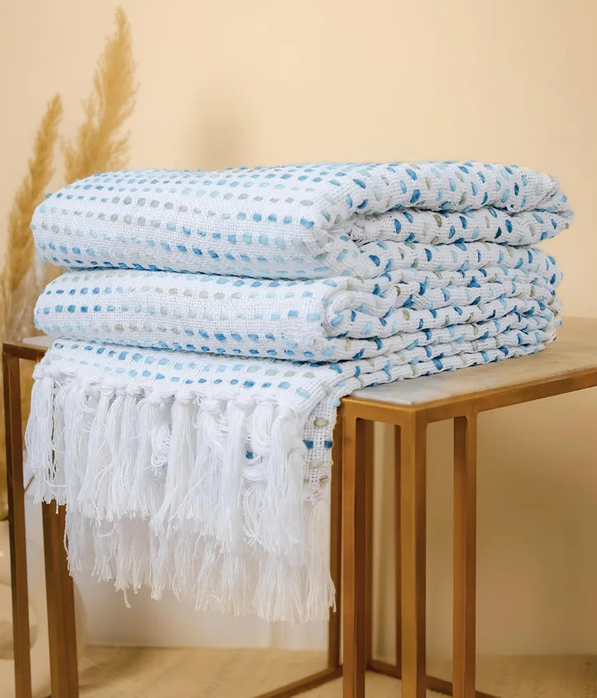 Sajavat Home Hand-Knitted Pure Cotton 3 Seater Sofa Throw Colour  Blue Multi