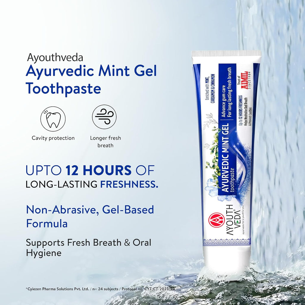 Ayouthveda Ayurvedic Mint Gel Toothpaste | Menthol Crystals, Cardamom, Clove & Carom Seed | Fresh Breath, Oral Hygiene, Antibacterial, Plaque Control & Gum Care | Daily Herbal Toothpaste for Men & Women | 100g (Pack of 1)