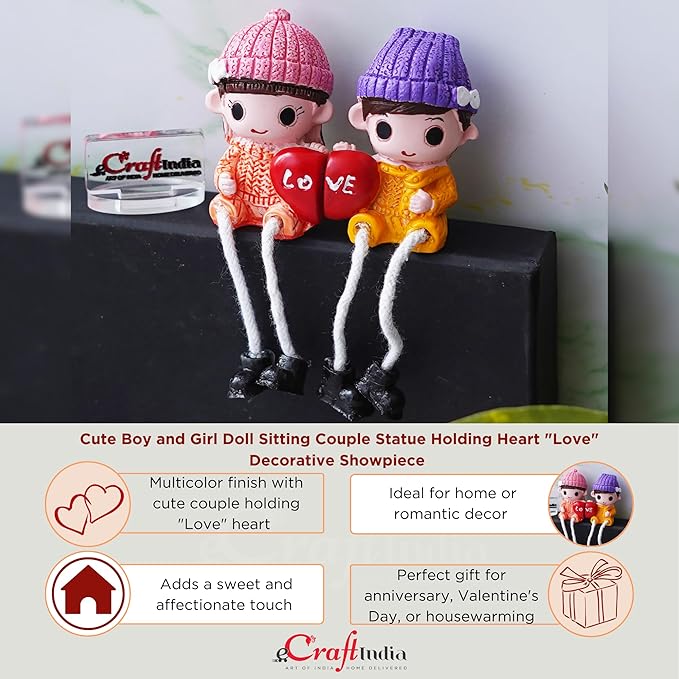 Ecraftindia Cute Boy and Girl Doll Sitting Couple Statue Holding Heart Love Decorative Showpiece