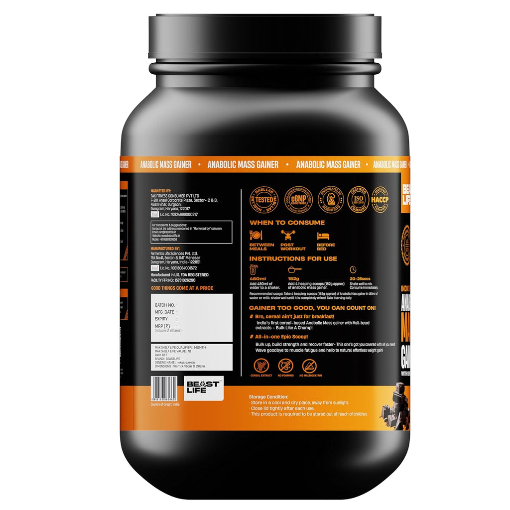 BeastLife High Protein Mass/Weight Gainer | 1 KG | Belgian Chocolate | NABL LAB Tested | For Muscle Gain & Fast Growth | Cereal-Based Formula, No Maltodextrin | India's #1 Cereal Based Bulk Gainer