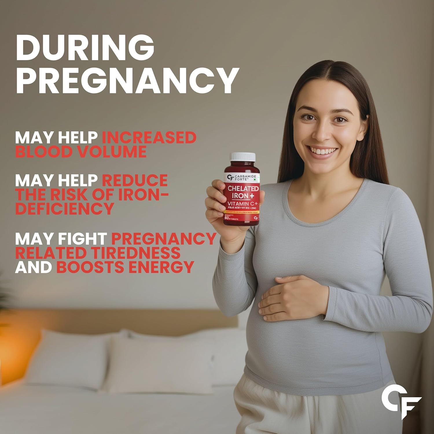 Carbamide Forte Chelated Iron Supplement for Women and Men | Folic Acid Tablets for Pregnancy | Hemoglobin Booster | 60 Veg Tablets for Hair Growth with Iron Bisglycinate