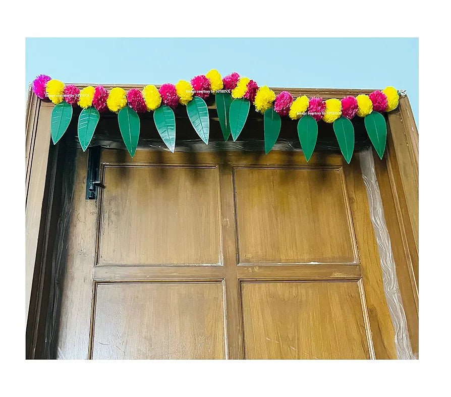 Artificial Marigold &Mango Leaves Simple Door-Window Toran Yellow and Dark Pink (Rani)