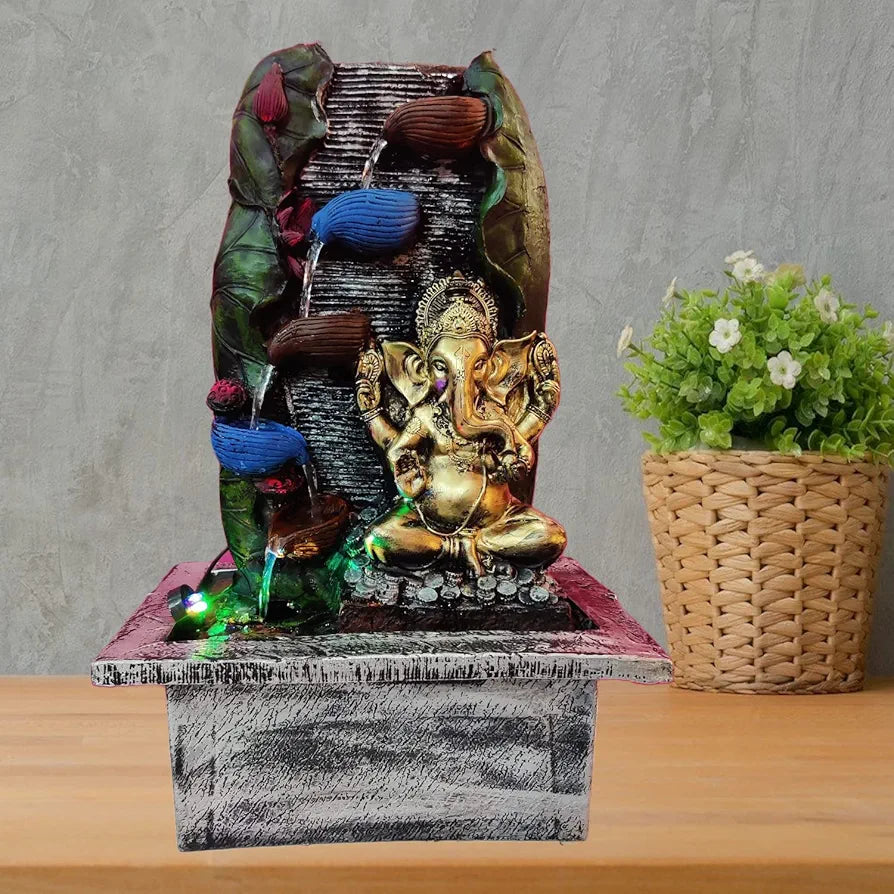 Alila Big Ganesha with Diya LED Waterfall Water Fountain for Home Decor Living Room 23 inches 57cm