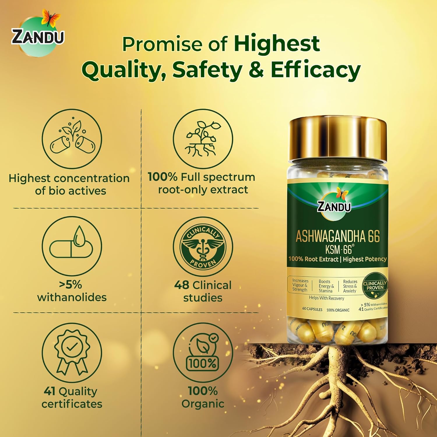 Zandu Ashwagandha KSM-66 (600 mg high dose formula) Tablets | Clinically Proven for 72% Decrease in stress and anxiety levels I Boosts Energy & Strength | 60 tablets I 100% Pure Root Extract