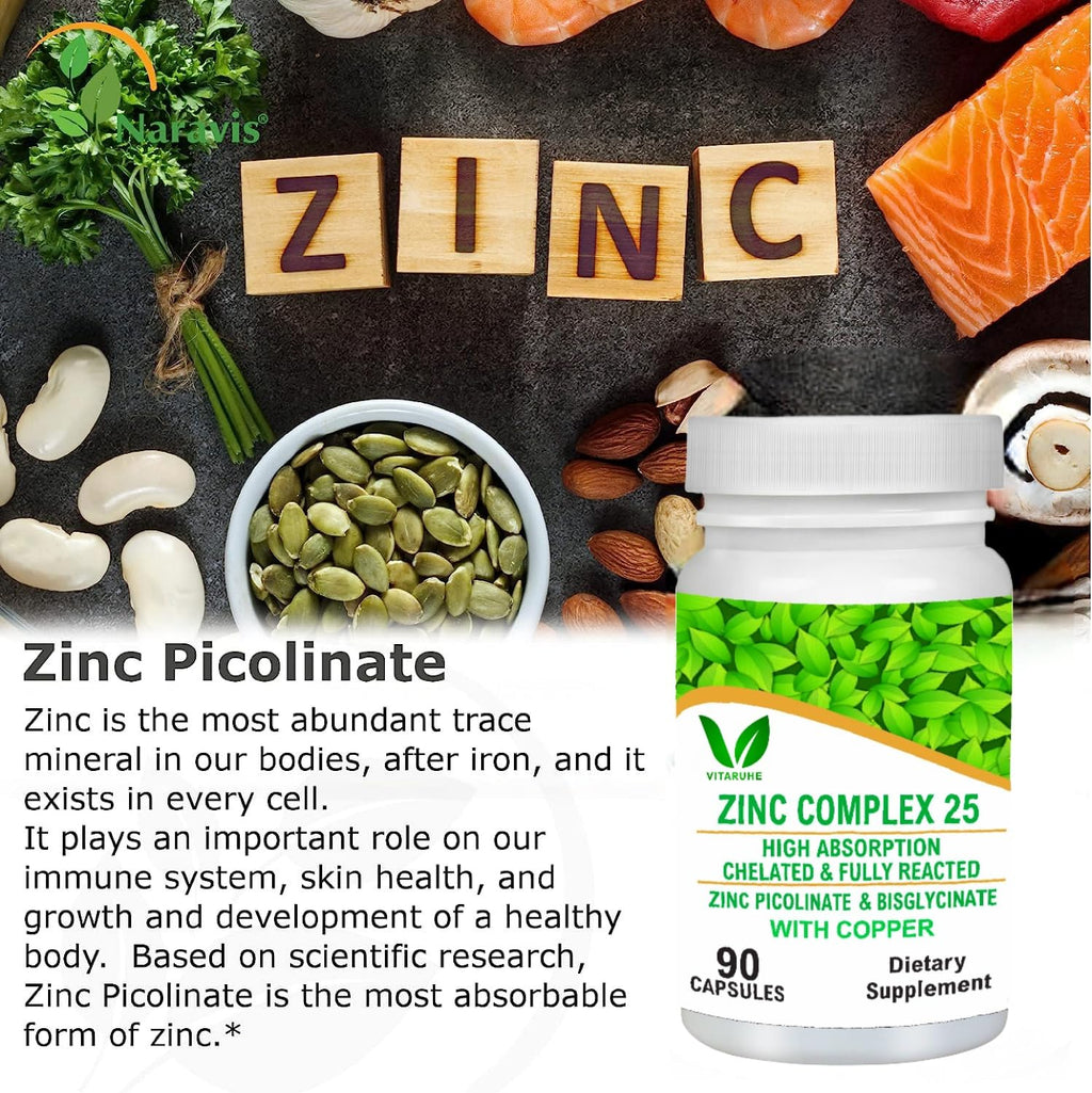 VITARUHEÂ® Chelated Zinc Picolinate & Bisglycinate Complex with Copper, Zinc for Immune, Skin and Cellular Health, High Absorption, Non-GMO, 90 Capsules