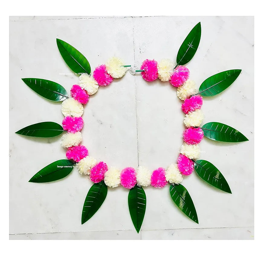 Artificial Marigold &Mango Leaves Simple Door-Window Toran Cream and Baby Pink