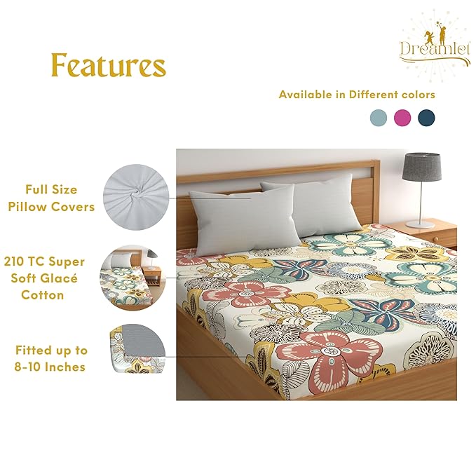 Dreamlet All Around Elastic Supersoft 210tc Premium Cotton Elastic Fitted Bedsheets With 2 King Size Pillow Covers | Mutlicolor