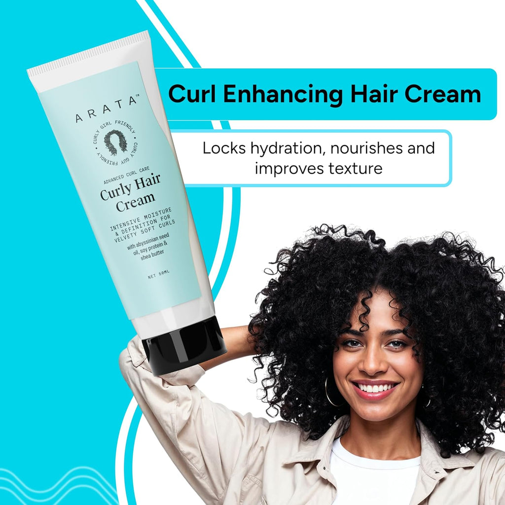 Arata Curl Cream For Curly, Frizzy & Dry Hair | Moisturises & Hydrates Curls | Reduces Frizz| Derma Tested | Soy Protein & Shea Butter | 50g