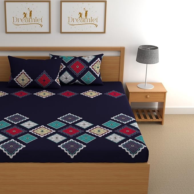 Dreamlet Prime Collections 160tc Pure Cotton Breathable Supersoft Wrinkelfree Double Flat Bedsheet With 2 Pillow Covers | Navy Blue