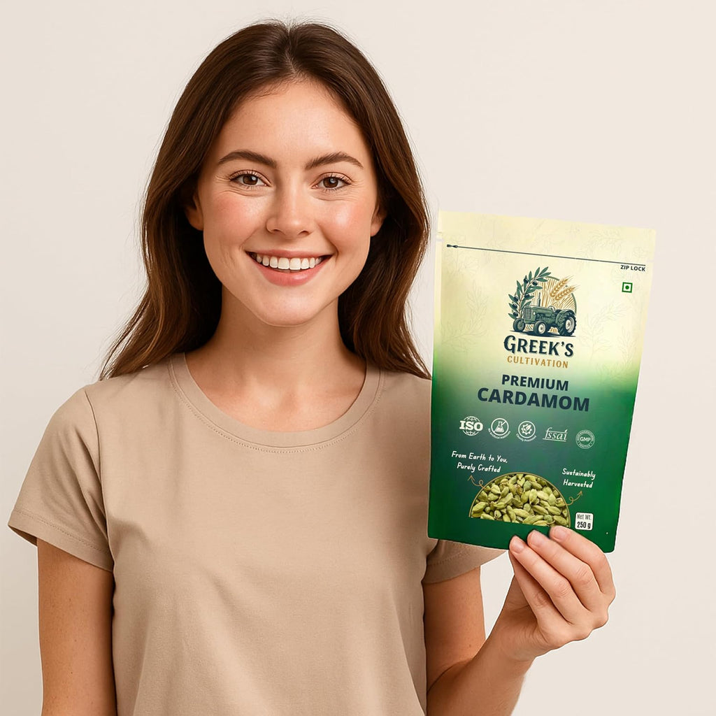 Greek's Cultivation Premium Green Cardamom Bold 8mm,250g | Handpicked Whole Elaichi Pods | Fresh Aroma & Bold Flavor for Chai, Biryani, Curries, Desserts, Baking & Indian Spices