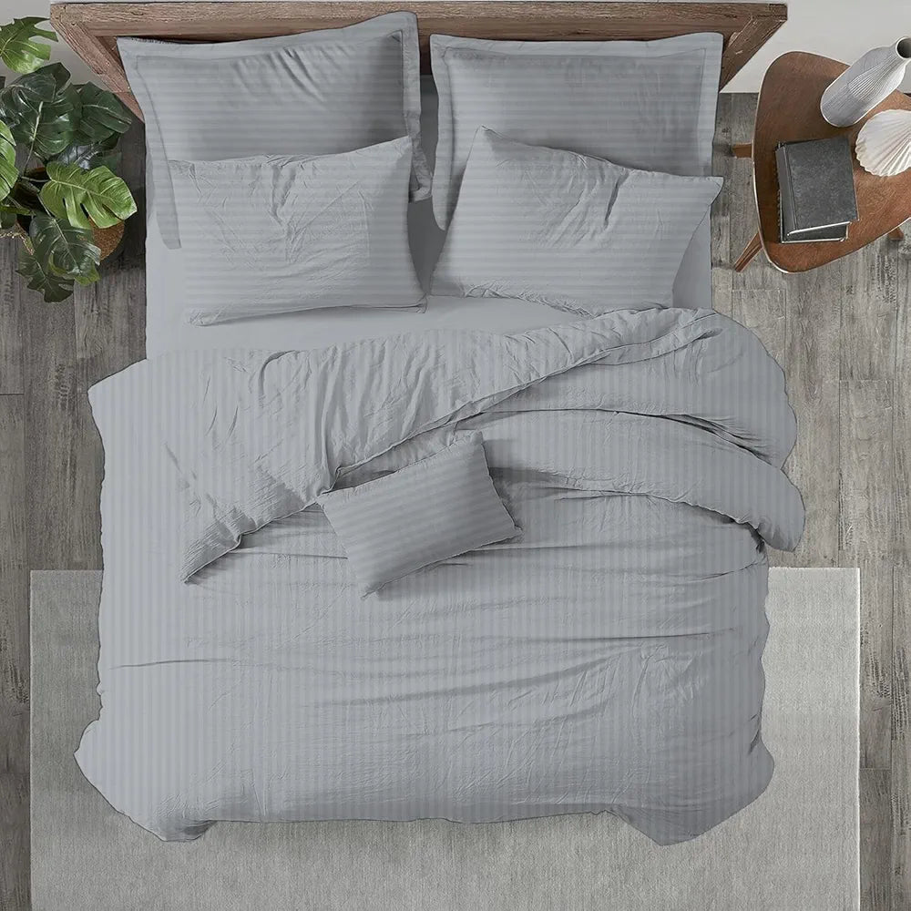 Trance Home Linen Zippered 100% Cotton 200 TC Satin Stripe Queen Duvet Cover Quilt Cover with 2 Pillow Covers Colour Silver Grey