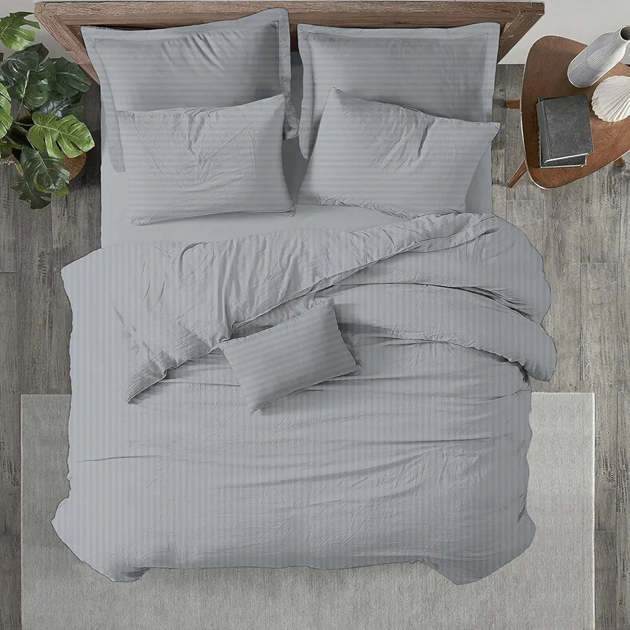 Trance Home Linen Zippered 100% Cotton 200TC Satin Stripe King Size Duvet Cover Quilt Cover Blanket Cover Razai Comforter Cover with 2 Pillow Covers Colour Silver Grey