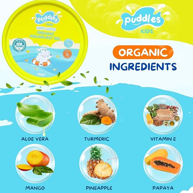 Puddles Kids Organic Aquaburst Gel - Happy Hippos Age 2-12 - 50 gms