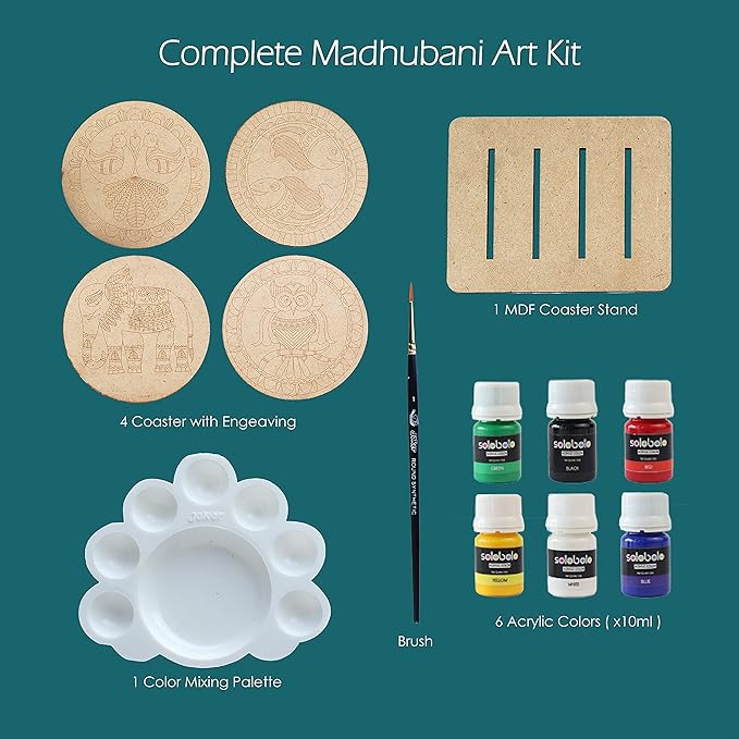 Solobolo Madhubani Painting Kit Tea Coasters With Stand | Art and Craft Coaster Diy Craft Kit | Painting Kit for Kids 6-12