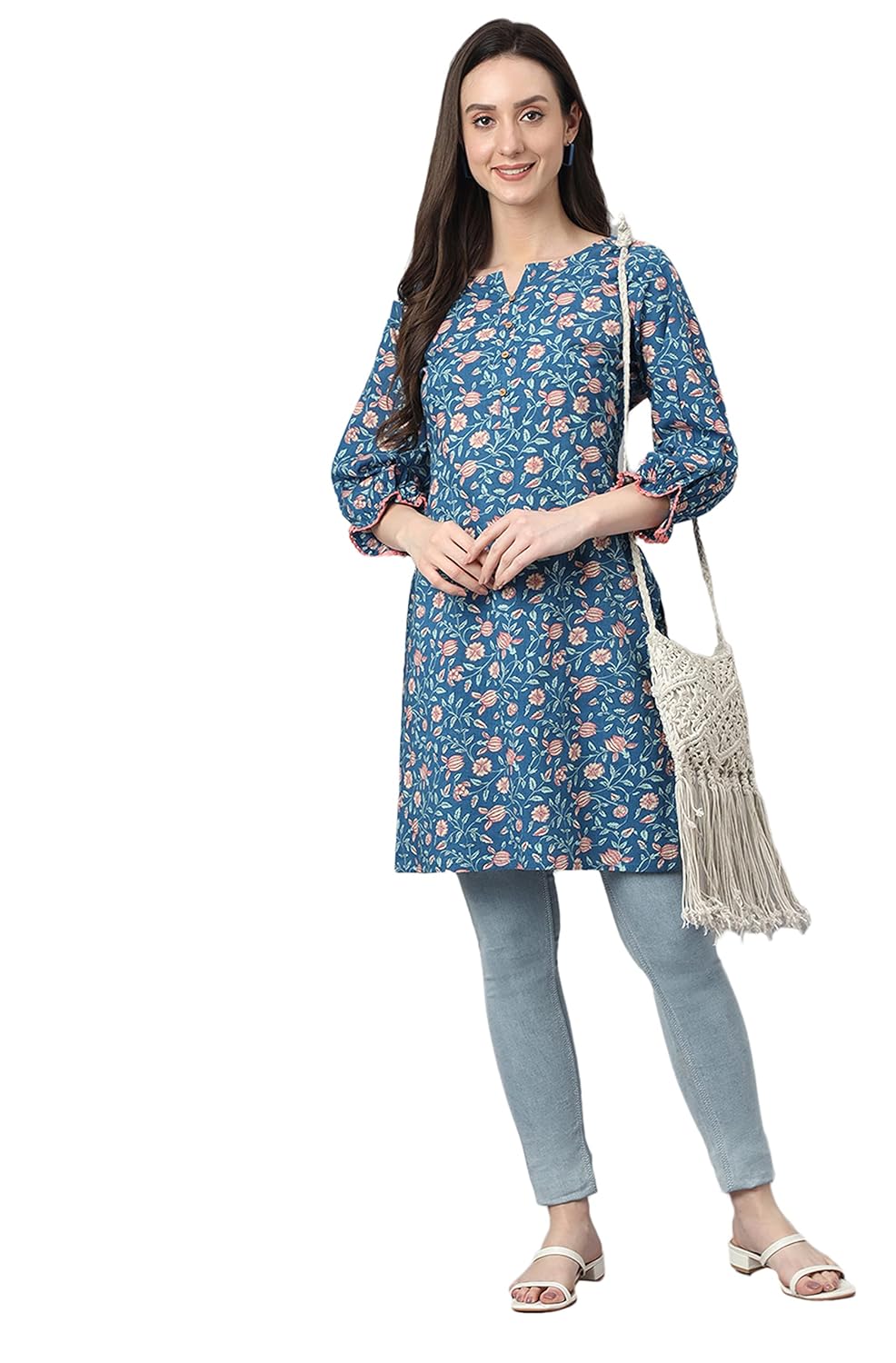 Janasya Women's Blue Cotton Floral Print Regular Tunic