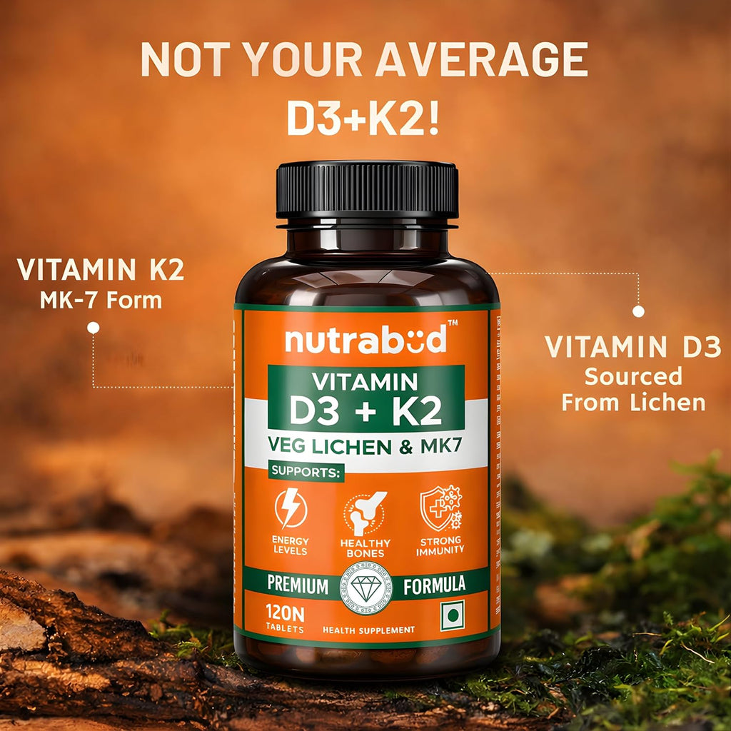 Nutrabud Vitamin D3 K2 MK7-120 Veg Tablets - 600 IU - 100% RDA Plant-Based Vitamin D3 Supplement from Lichen Source with Vitamin K2 as MK7 Menaquinone (Pack of 1)