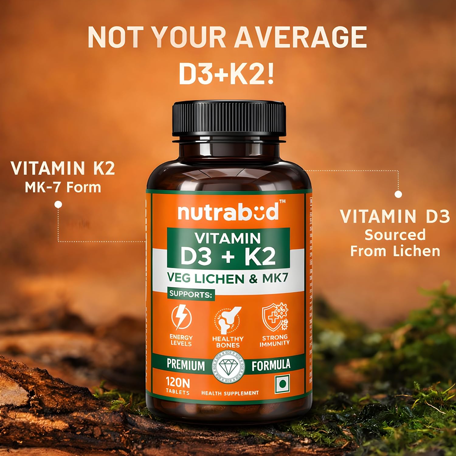 Nutrabud Vitamin D3 K2 MK7-120 Veg Tablets - 600 IU - 100% RDA Plant-Based Vitamin D3 Supplement from Lichen Source with Vitamin K2 as MK7 Menaquinone (Pack of 1)