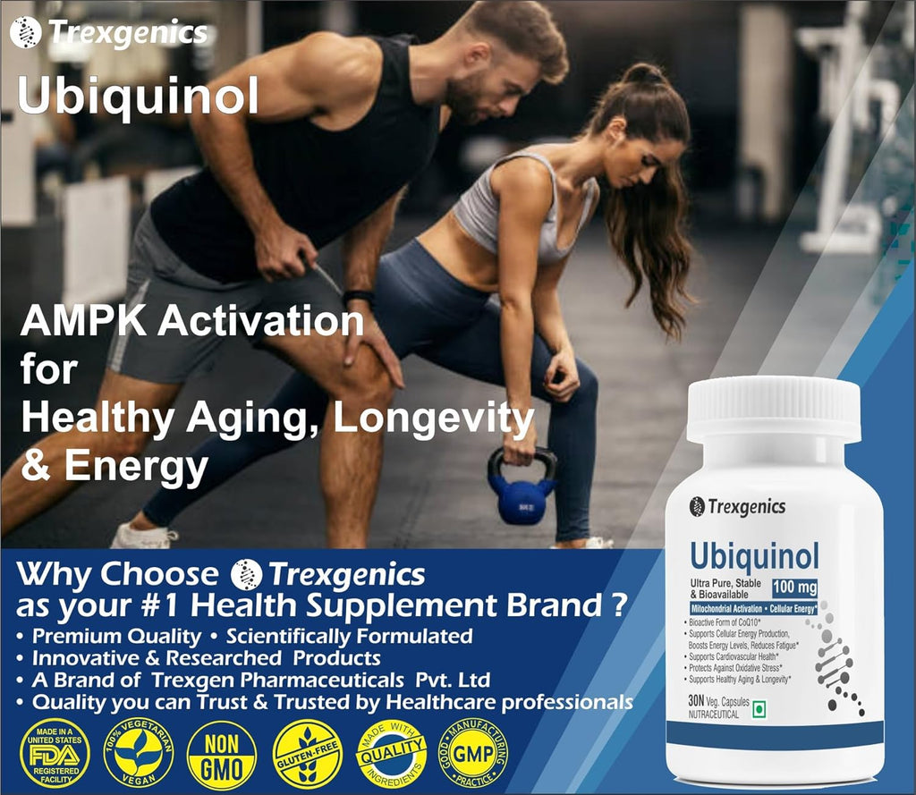 Trexgenics UBIQUINOL 100 mg, Ultra Pure, Stable, Bioavailable, Mitochondrial Function, Cellular Energy, Longevity, Antioxidant (30 Veg Capsules)