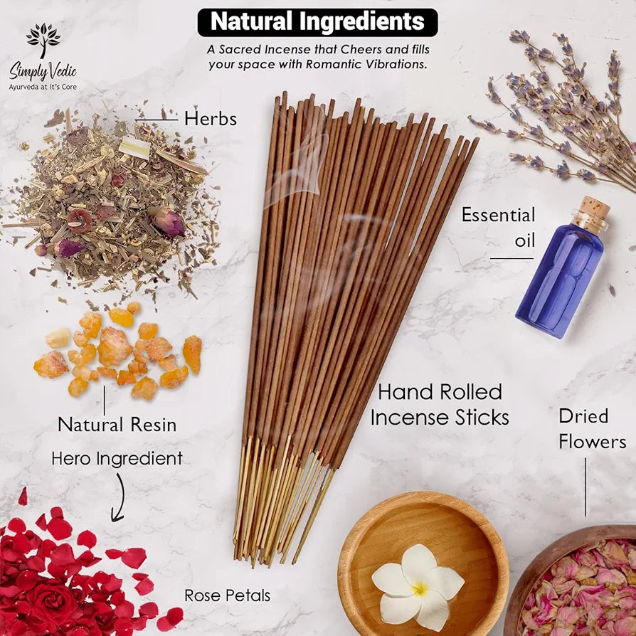 Simply Vedic Rose Incense Sticks with Holder – 135 Hand-Rolled Agarbatti