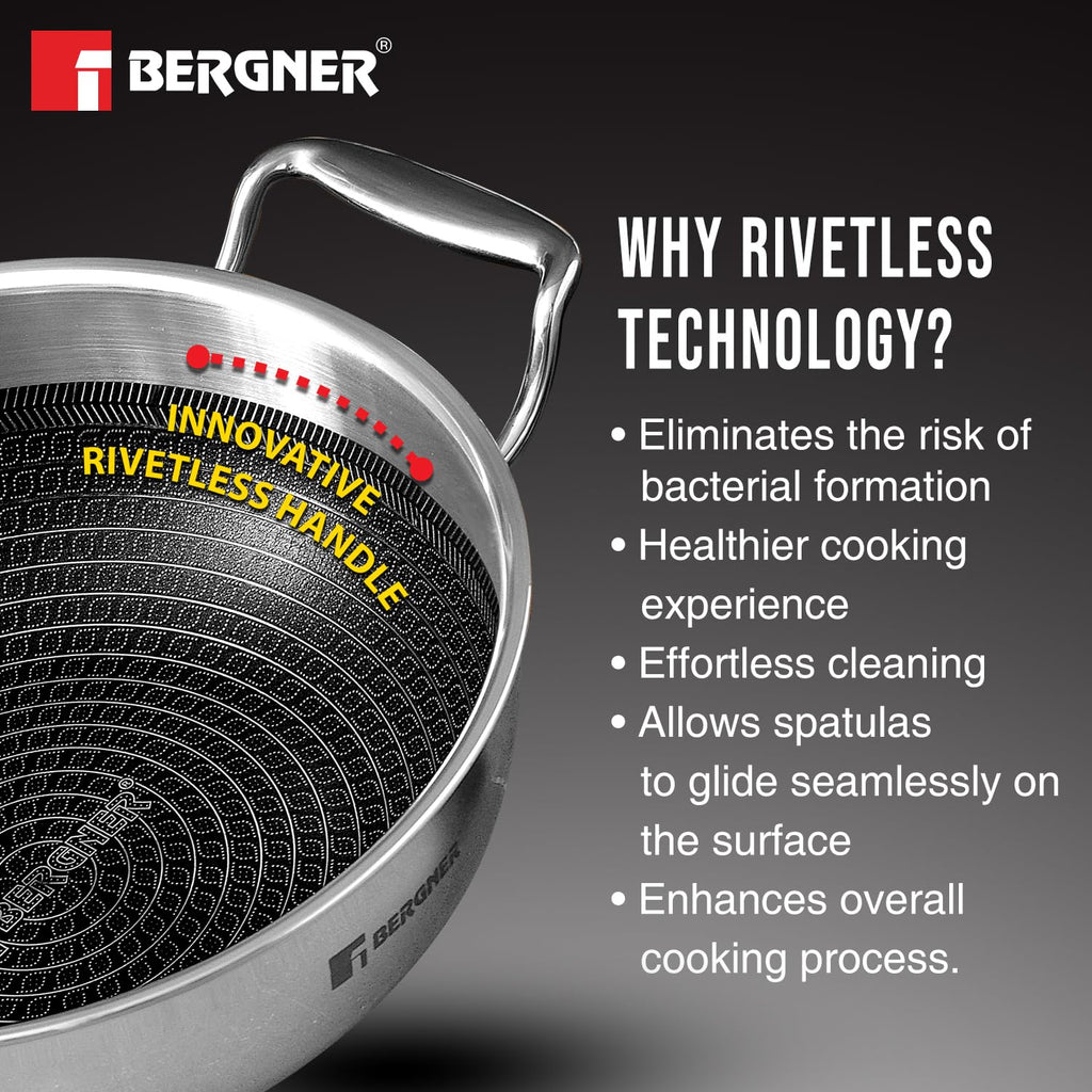 Bergner Hitech Triply Stainless Steel 26 Cm Kadai | Indian Wok With and Glass Lid