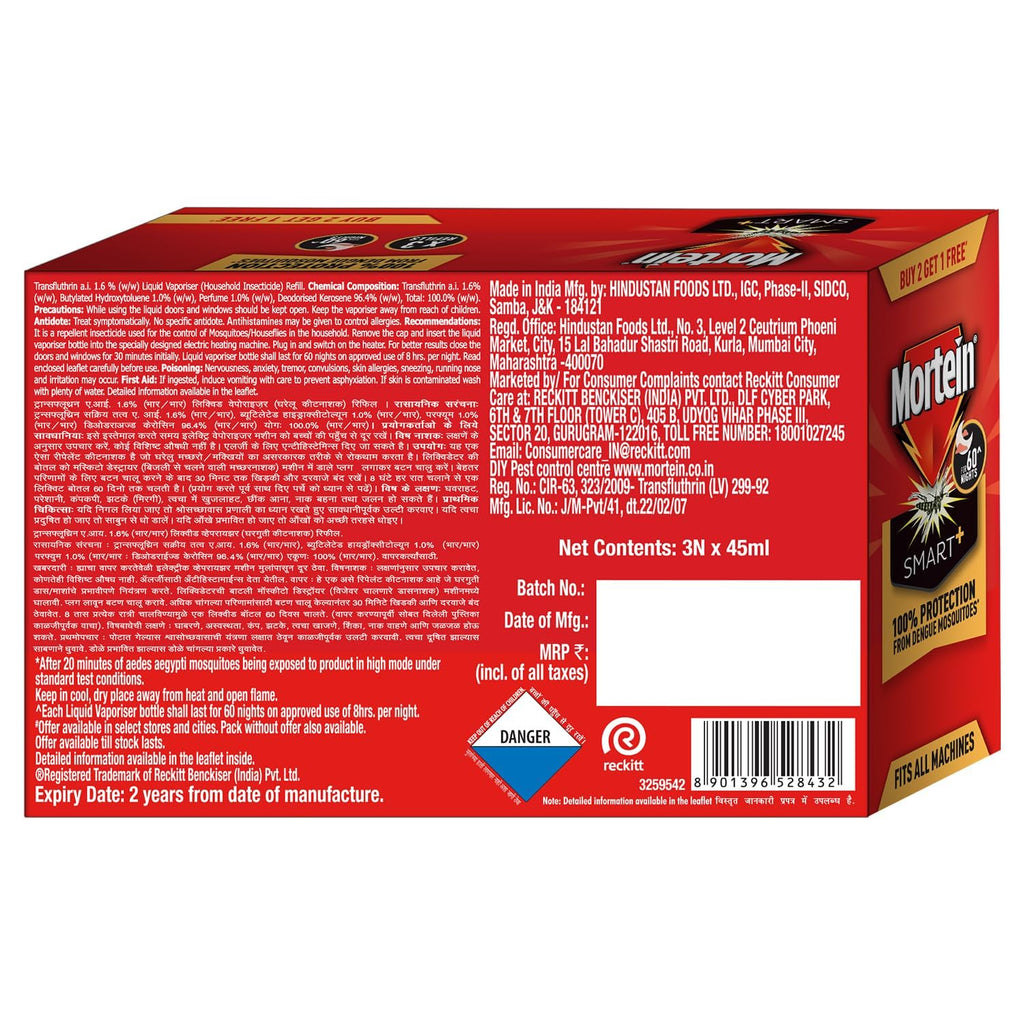 Mortein 45ml x 3 Refills With The Pleasant Fragrance of Mandarin & Neroli Liquid| Fits All Machines | Smartplus Mosquito Killer | 100% Protection from Mosquitoes | Insect & Mosquito Repellent