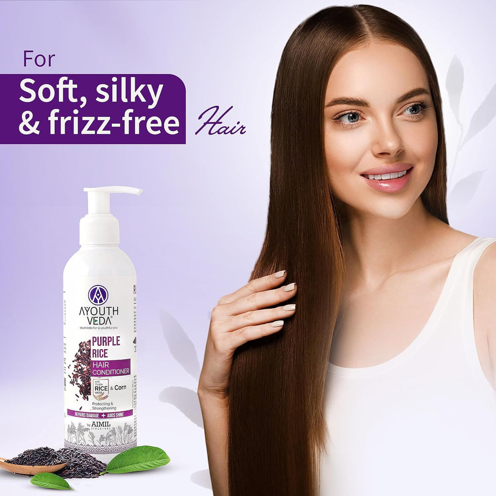 Ayouthveda Purple Rice Hair Conditioner with Rice Water & Kernel Protein | Repairs Damage, Controls Frizz & Enhances Volume | Enriched with Eggplant, Betel & Guava Leaves | For All Hair Types | 200ml
