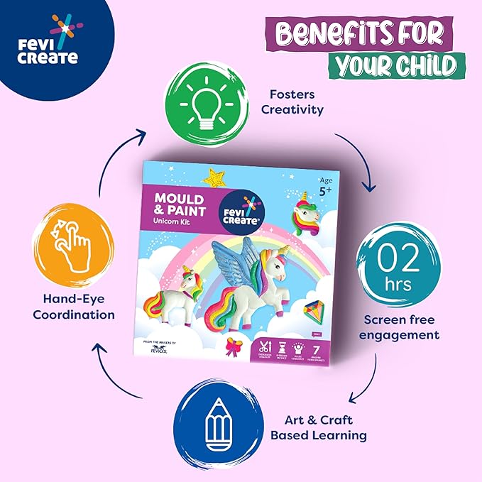 Fevicreate Mould & Paint Unicorn Kit Create Adorable Plaster Badges & Fridge Magnets for Kids Age 5+ Years