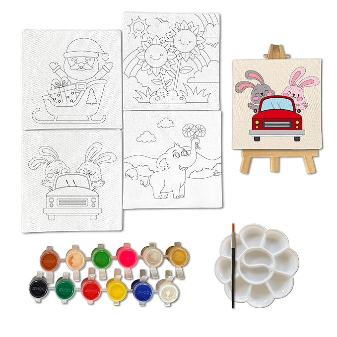Mini Leaves Mini Canvas Art and Craft Paint Kit Diy Kit With Wooden Easel, Colours, Painting Brush for Girls Boys 4-6 Years | Set of 4