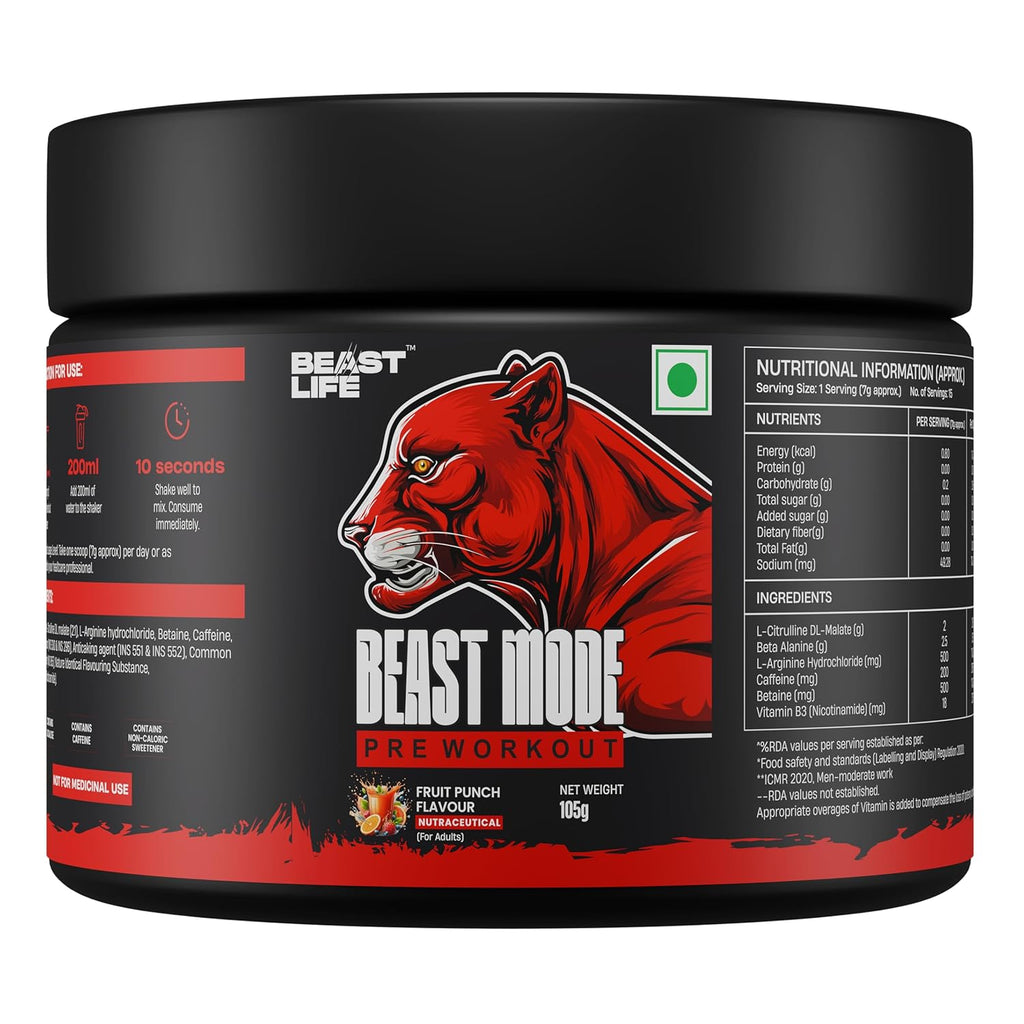 Beastlife Pre-Workout | 105 gm | Fruit Punch Flavor | Boosts Pump & Energy | Speeds Up Recovery | 2000 mg Citrulline | 2500 mg Beta-Alanine | 200 mg Caffeine | 500 mg Betaine