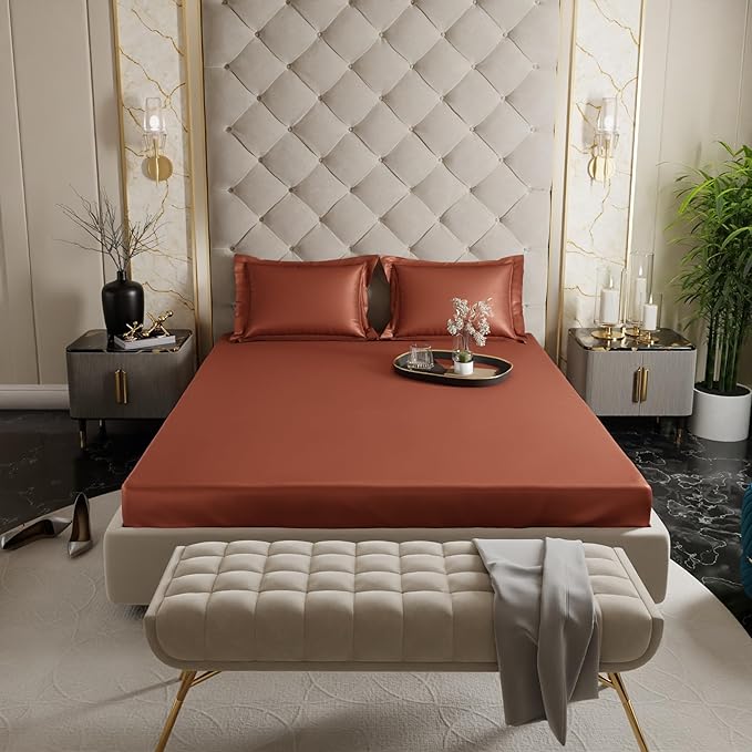 Stoa Paris Satin Elastic Fitted Bedsheets for Double Bed 300TC Premium 2 Pillow Covers Colour Melted Caramel