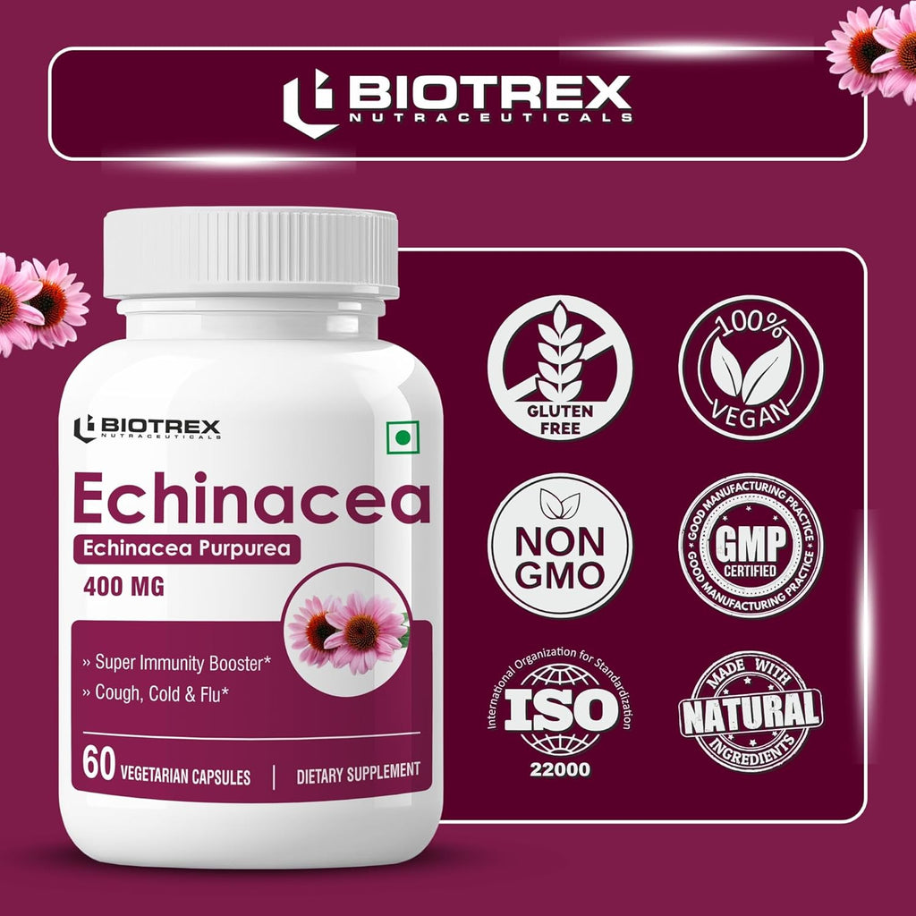 Biotrex Nutraceuticals Echinacea 400mg | Immunity & Anti-inflammatory Effects | Antioxidant Properties | Skin Health & Overall Wellbeing â€“ 60 Veg Capsules