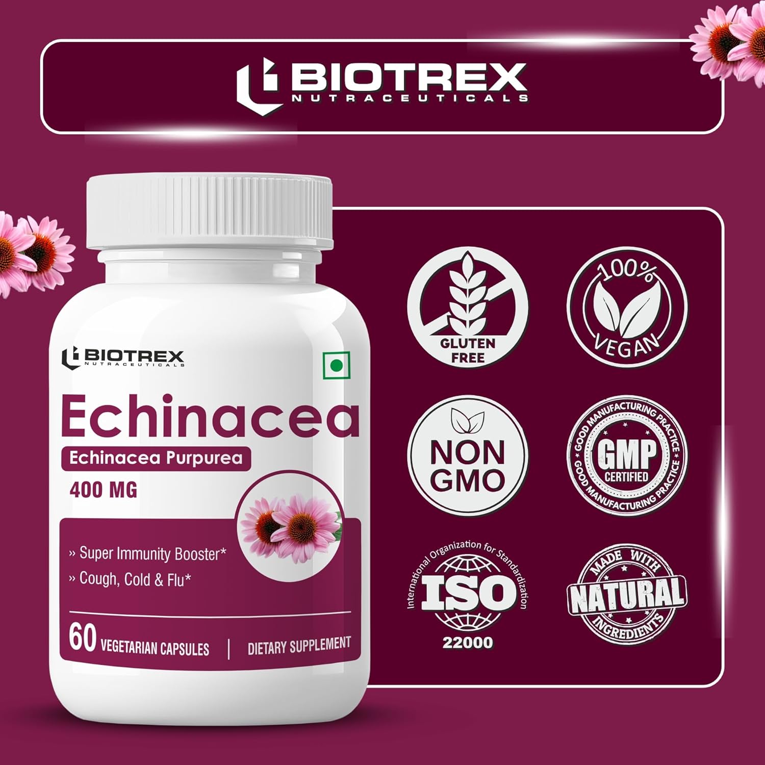 Biotrex Nutraceuticals Echinacea 400mg | Immunity & Anti-inflammatory Effects | Antioxidant Properties | Skin Health & Overall Wellbeing â€“ 60 Veg Capsules