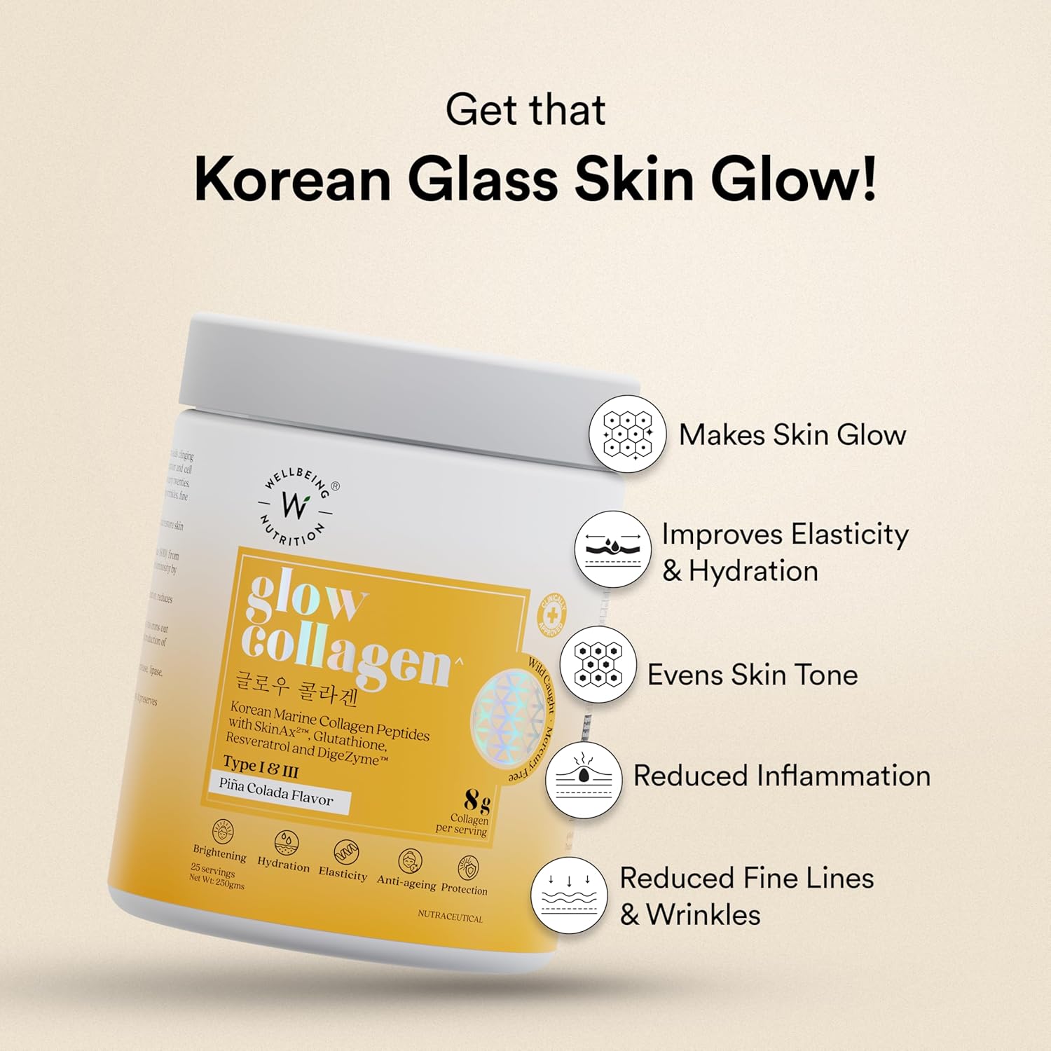 Wellbeing Nutrition Glow Collagen with Glutathione | Collagen Supplements for Women & Men | Marine Collagen Powder with SkinAxÂ², Resveratrol, Bromelain & Goji Berry | 250g - Pina Colada Flavor