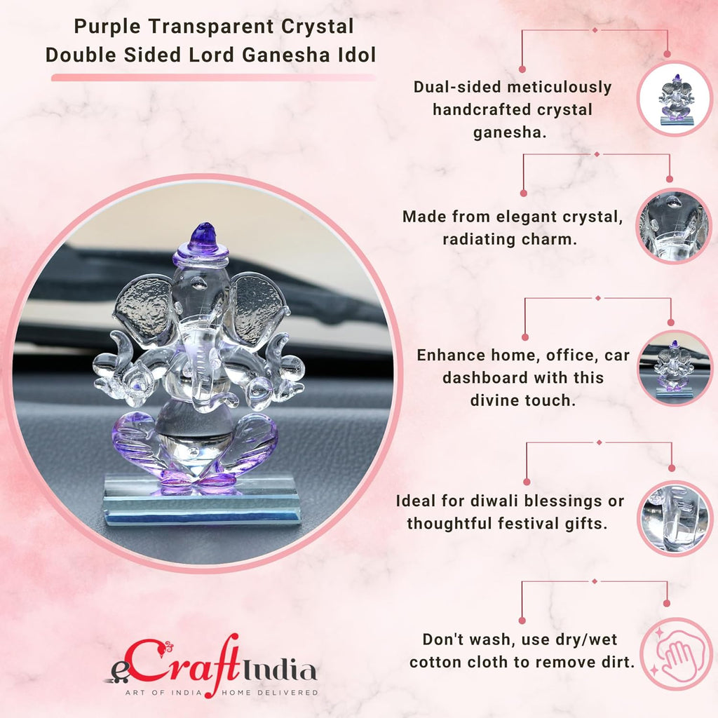 Ecraftindia Purple and Transparent Double Sided Crystal Car Ganesha Showpiece