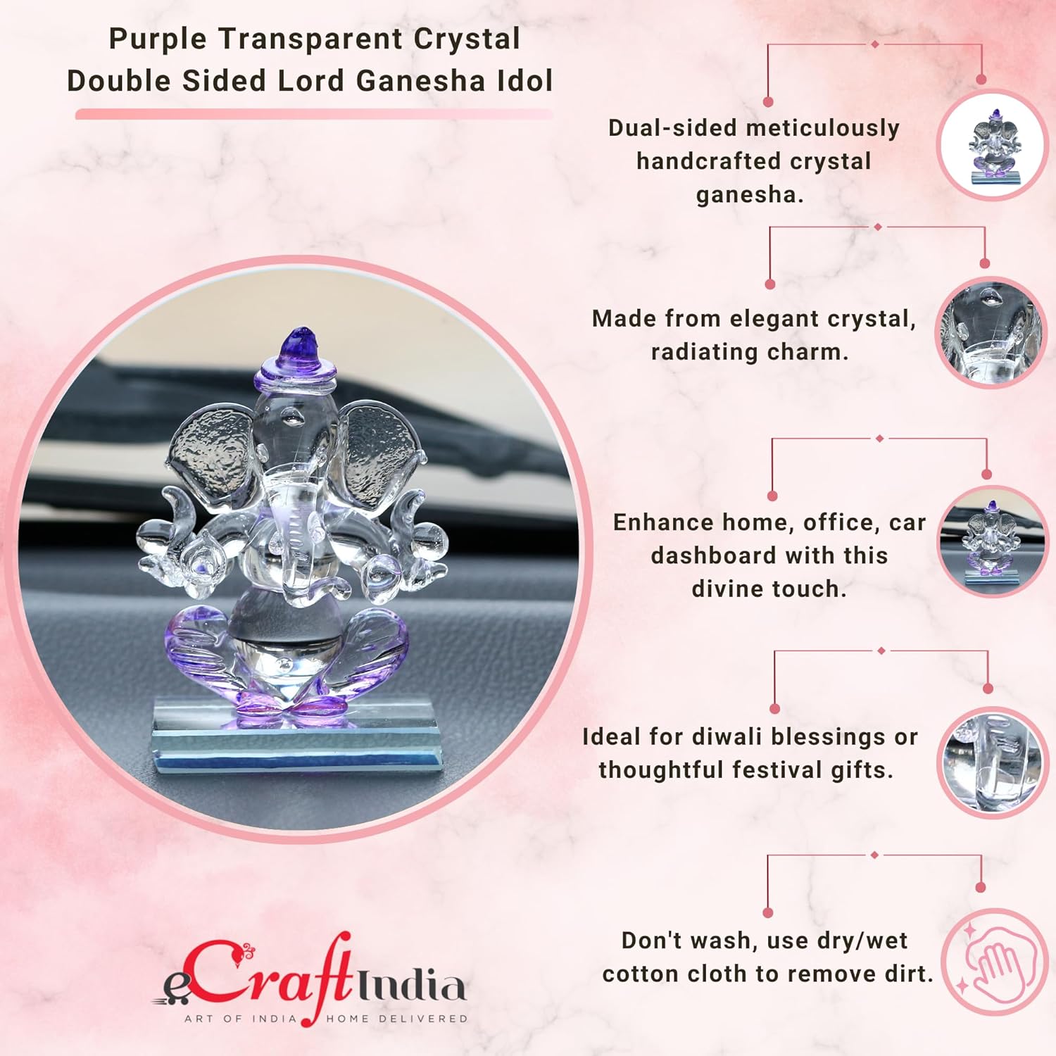 Ecraftindia Purple and Transparent Double Sided Crystal Car Ganesha Showpiece