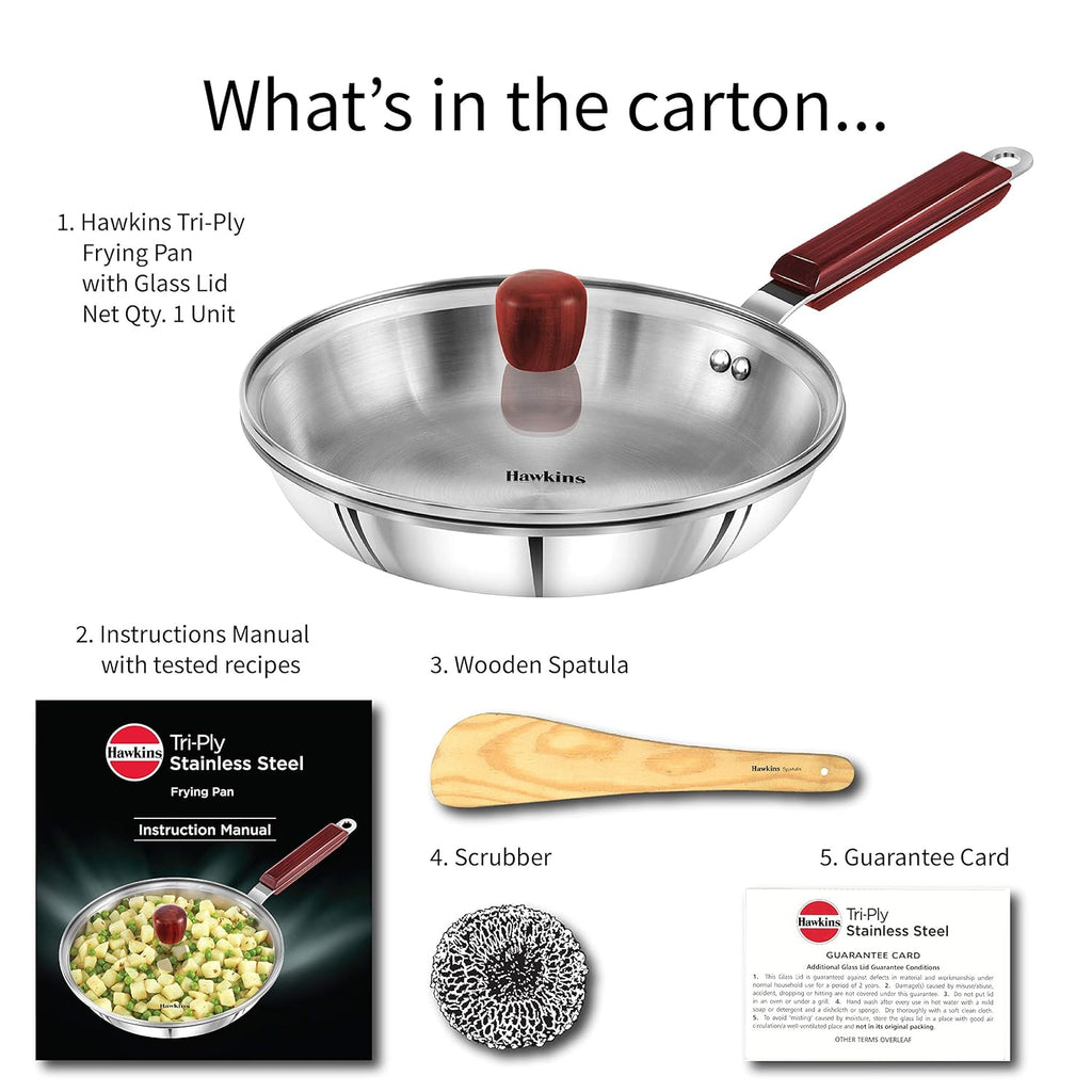 Hawkins 24 cm Frying Pan Triply Stainless Steel Fry Pan with Glass Lid
