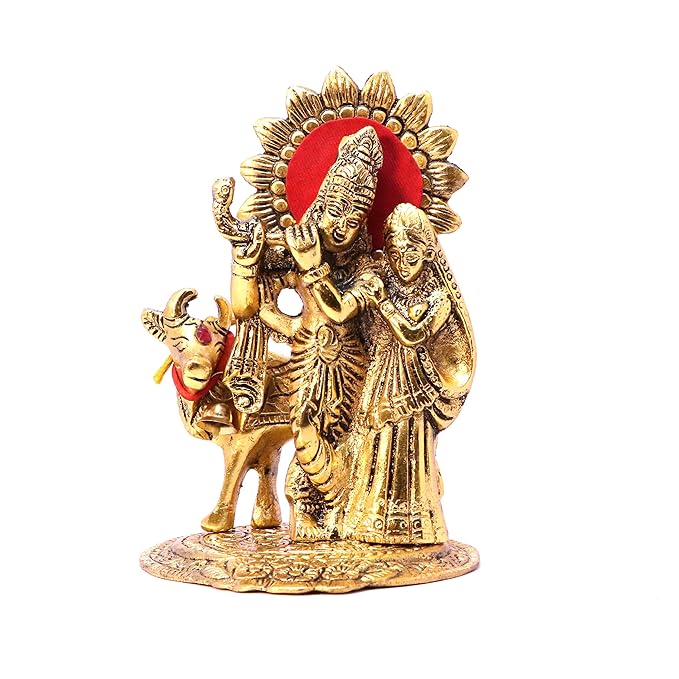 KridayKraft Metal Radha Krishna Standing with Cow Statue for Decorative Home office and Gifts