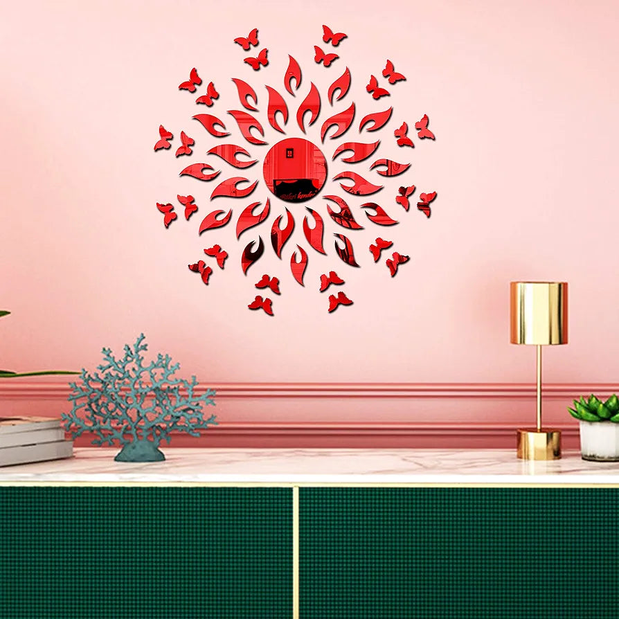 Bikri Kendra Art BK162, Sun red with 20 red Butterfly - 3D Acrylic Mirror Stickers for Wall