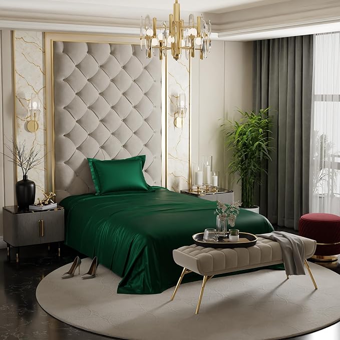 Stoa Paris Satin Bedsheets for Single Bed 300TC Premium Bedsheet with 1 Pillow Cover Colour Emerald Green