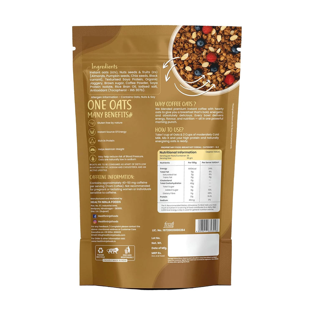 Health Ninja High Protein Cold Coffee Oats | Cold Coffee Oats | 22% Protein, 11% Fibre | No White Sugar | Healthy Breakfast Oats