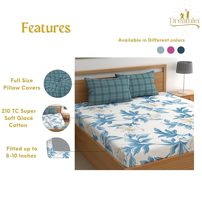 Dreamlet All Around Elastic Supersoft 210tc Premium Cotton Elastic Fitted Bedsheets With 2 King Size Pillow Covers | Blue & White