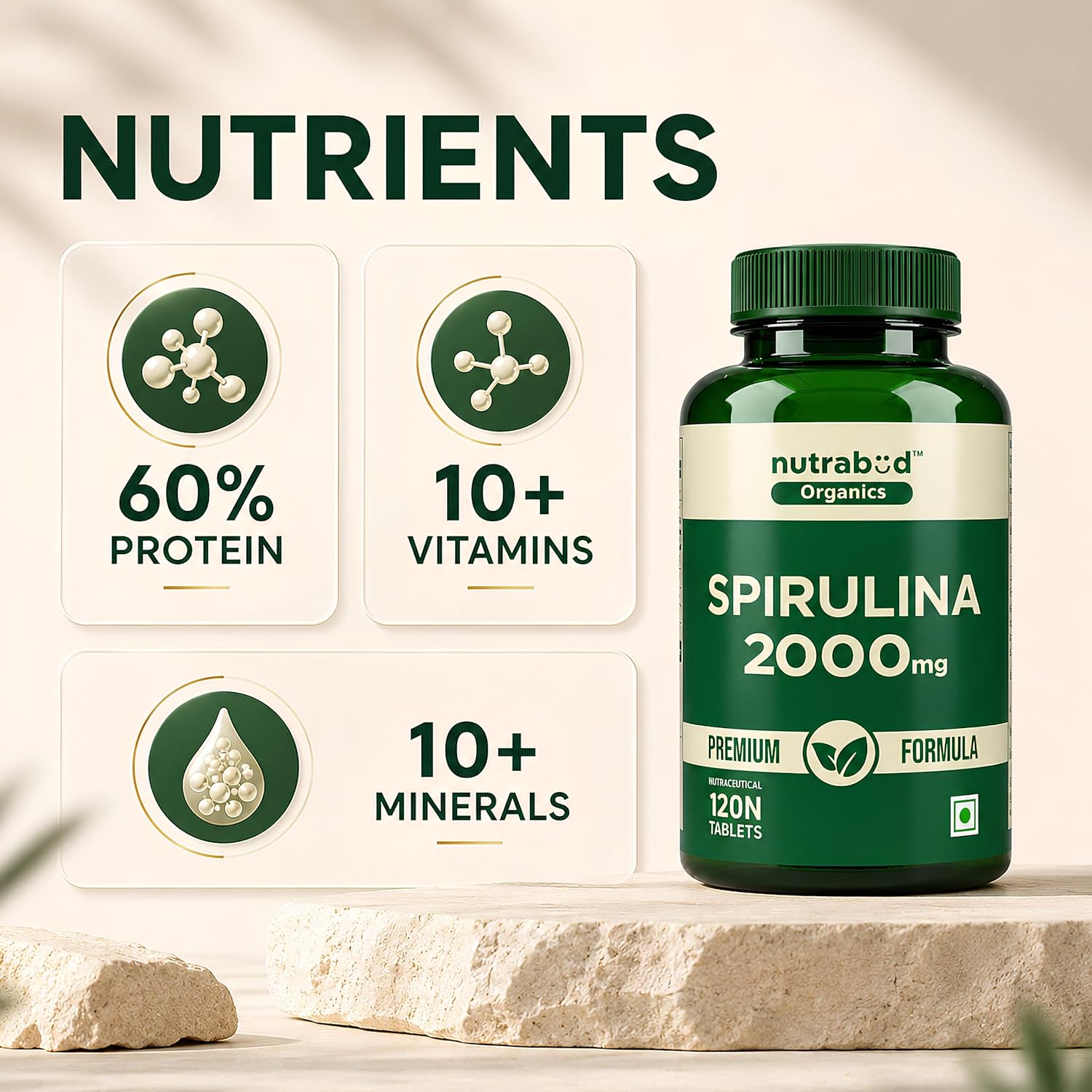 Nutrabud Spirulina Tablets 2000mg per Serving - 120 Veg Tablets - For Women, Men - Preservative & Additive Free (120 Count (Pack of 1))